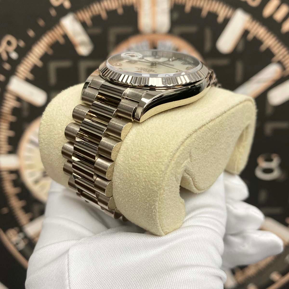 Rolex Day-Date 36mm Custom Mother Of Pearl Diamond Dial Fluted Bezel 128239 Pre-Owned - Gotham Trading