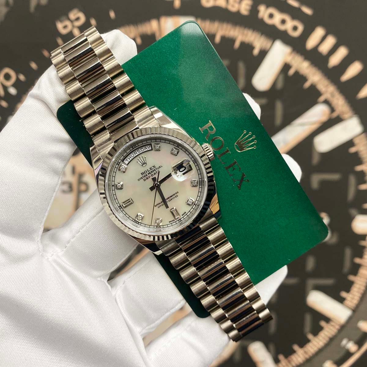 Rolex Day-Date 36mm Custom Mother Of Pearl Diamond Dial Fluted Bezel 128239 Pre-Owned - Gotham Trading