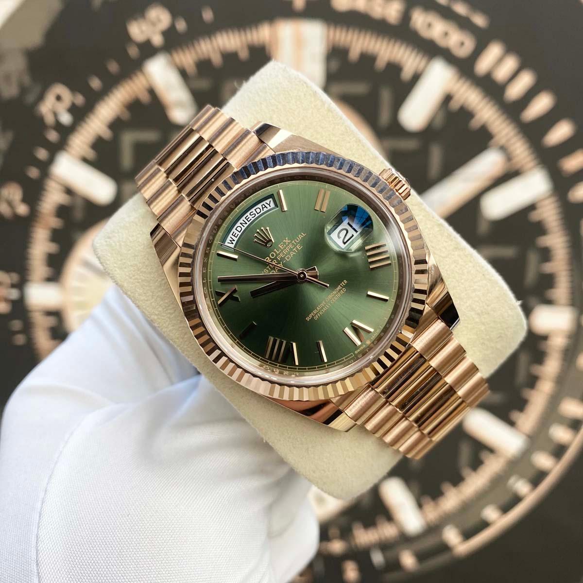Rolex Day-Date 40 Presidential 228235 Fluted Bezel Olive Green Dial Pre-Owned - Gotham Trading