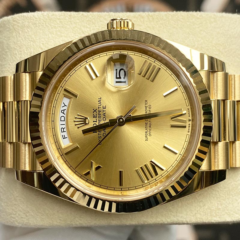 Rolex Day-Date 40 228238 Fluted Bezel Champagne Roman Dial - Gotham Trading