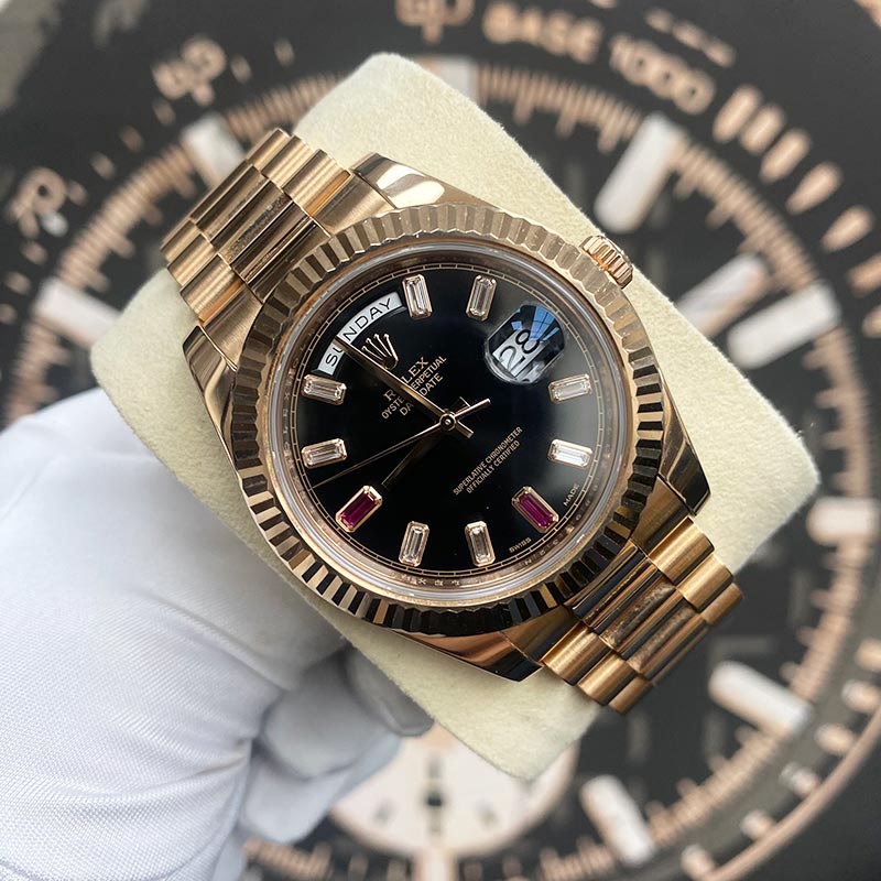 Rolex Day-Date 41 Presidential 218235 Fluted Bezel Ruby/Baguette Diamond Dial Pre-Owned - Gotham Trading