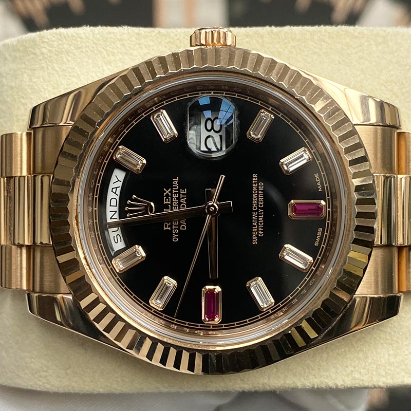 Rolex Day-Date 41 Presidential 218235 Fluted Bezel Ruby/Baguette Diamond Dial Pre-Owned - Gotham Trading