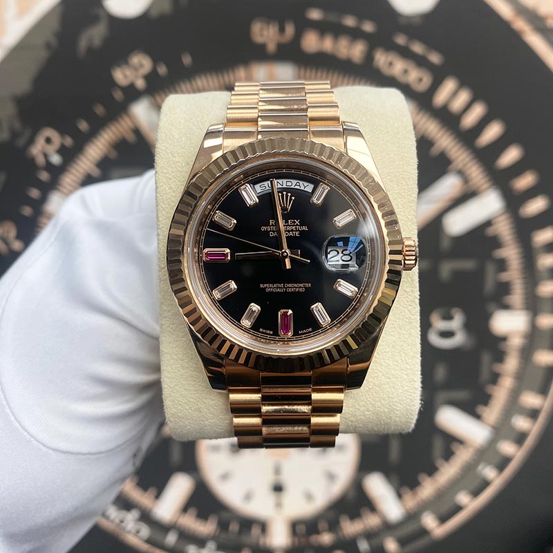Rolex Day-Date 41 Presidential 218235 Fluted Bezel Ruby/Baguette Diamond Dial Pre-Owned - Gotham Trading