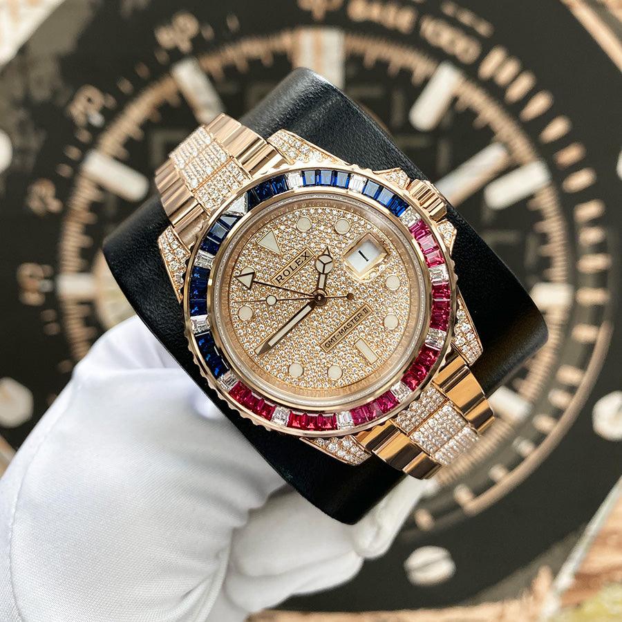 Rolex GMT-Master II "Saru" 40mm 126755SARU Rose Gold Pave Rose Dial - Gotham Trading
