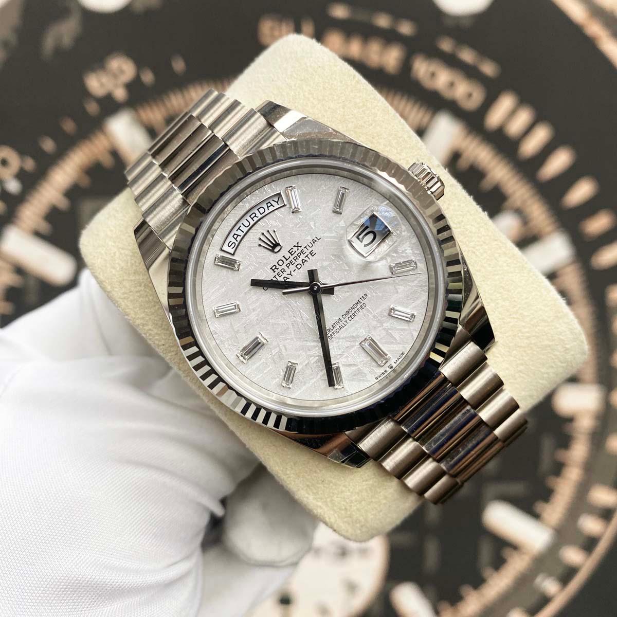 Rolex Day-Date 40 Presidential 228239 Fluted Bezel Baguette Diamond Meteorite Dial - Gotham Trading