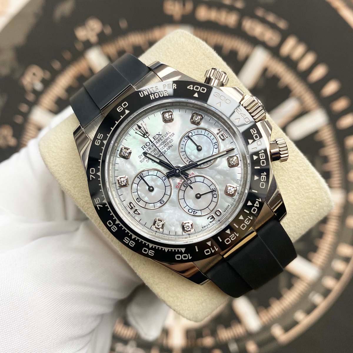 Rolex Daytona 40mm Oyster Flex 116519LN White Gold White Mother Of Pearl Diamond Dial Pre-Owned - Gotham Trading