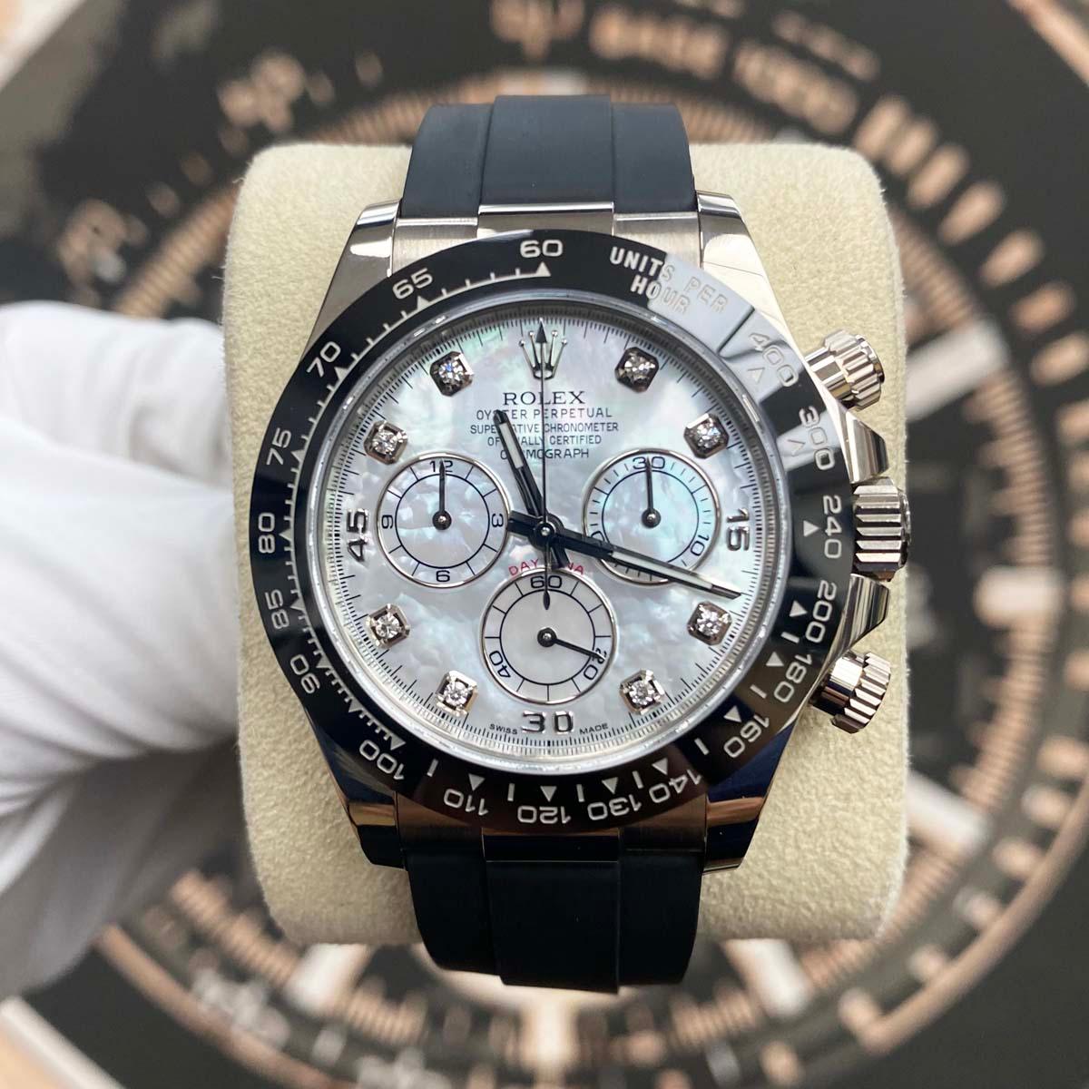 Rolex Daytona 40mm Oyster Flex 116519LN White Gold White Mother Of Pearl Diamond Dial Pre-Owned - Gotham Trading