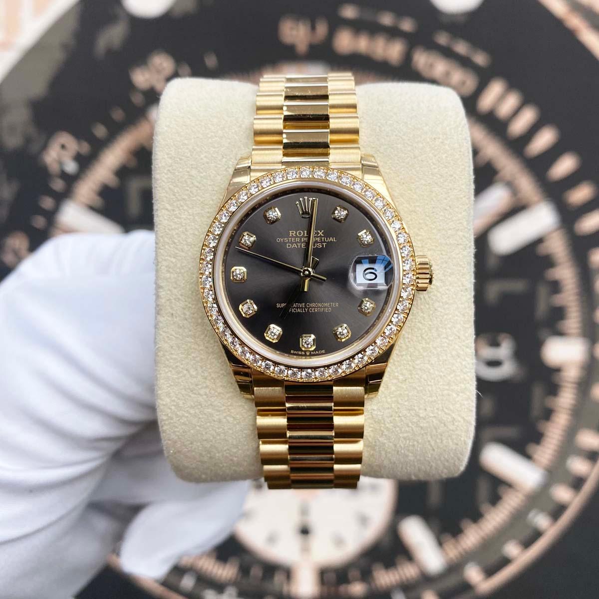 Rolex Datejust Dark Grey Diamond Dial Diamond Bezel 31mm 278288RBR - Gotham Trading