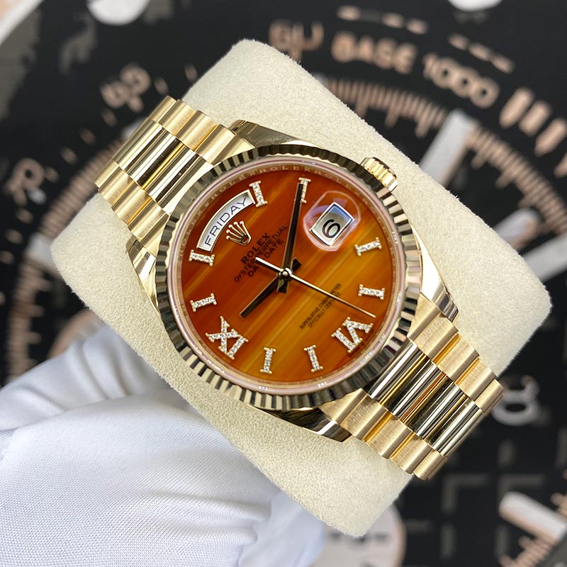 Rolex Day-Date 36mm Presidential 128238 Fluted Bezel Carnelian Diamond Dial