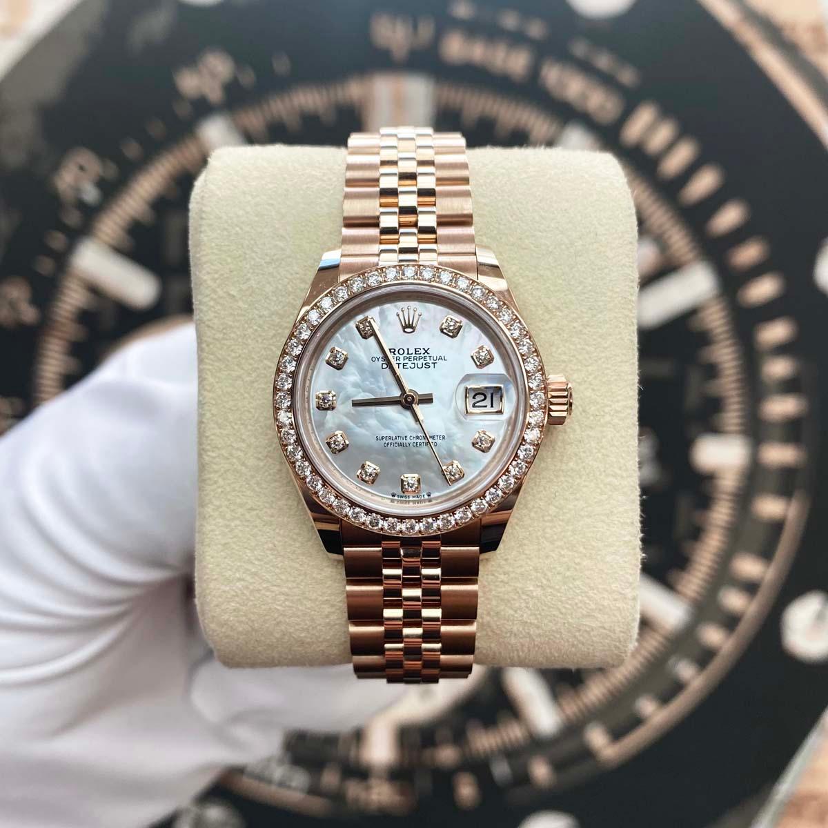 Rolex Lady-Datejust Mother Of Pearl Diamond Dial Diamond Bezel 28mm 279135RBR - Gotham Trading