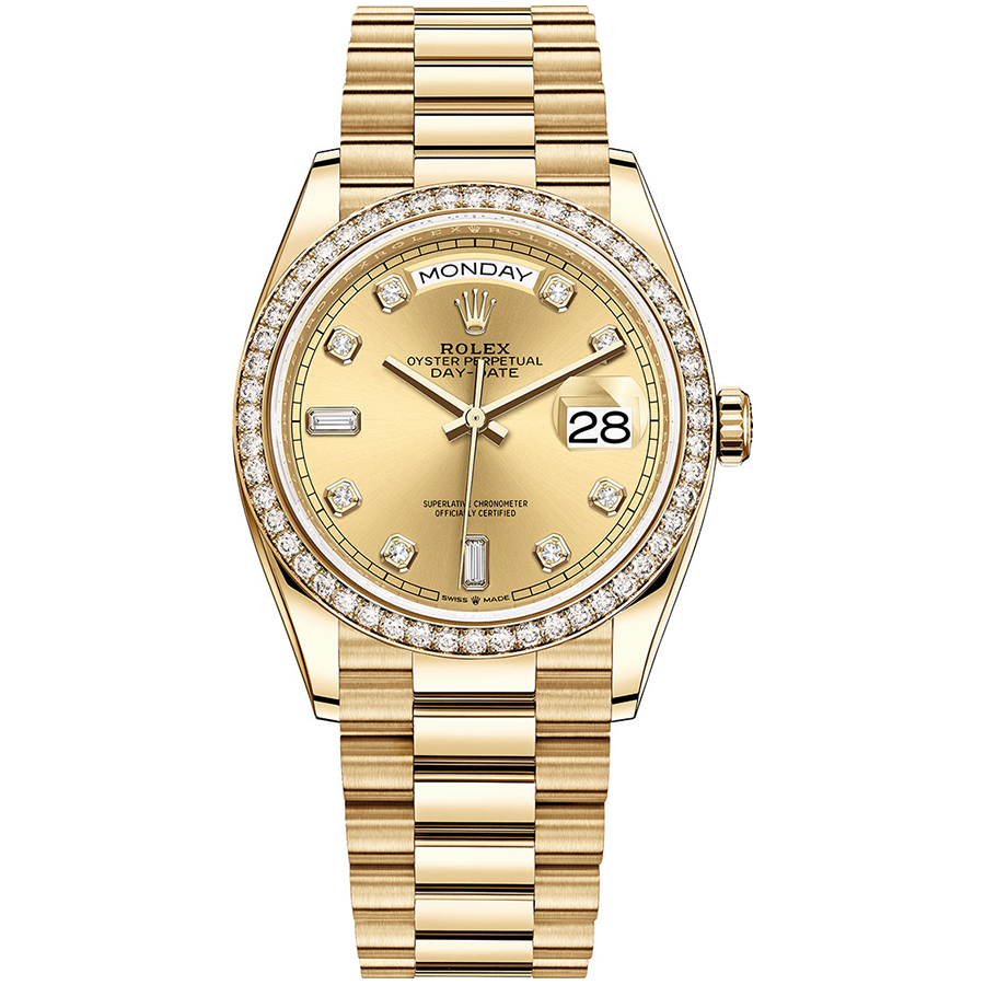 Rolex Day-Date Champagne Diamond Dial Diamond Bezel 36mm 128348RBR