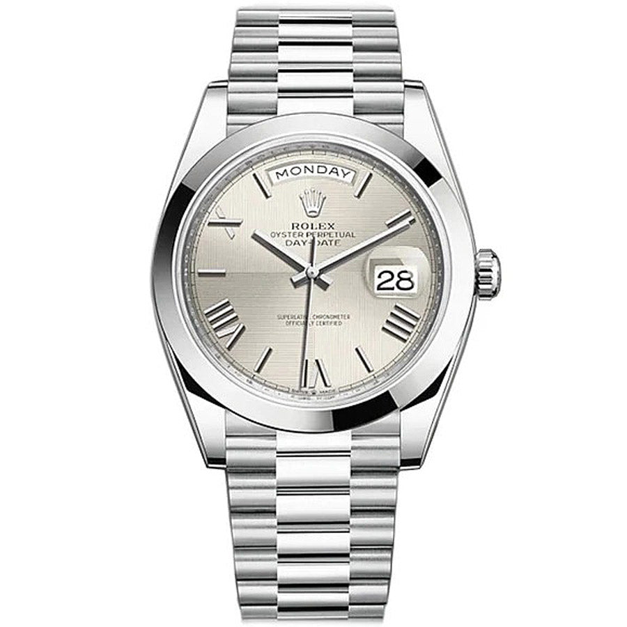 Rolex Day-Date 40 Platinum Presidential 228206 Smooth Bezel Silver Quadrant Motif Dial