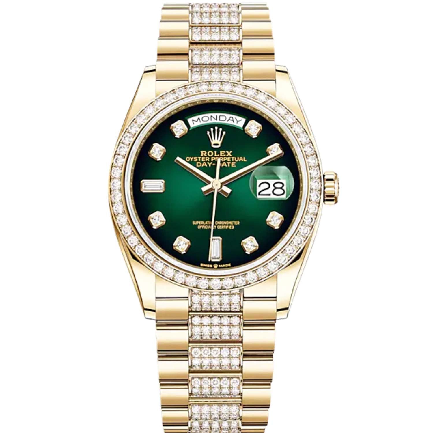 Rolex Day-Date 36 Yellow Gold Diamond Bezel Green Diamond Dial 128348RBR