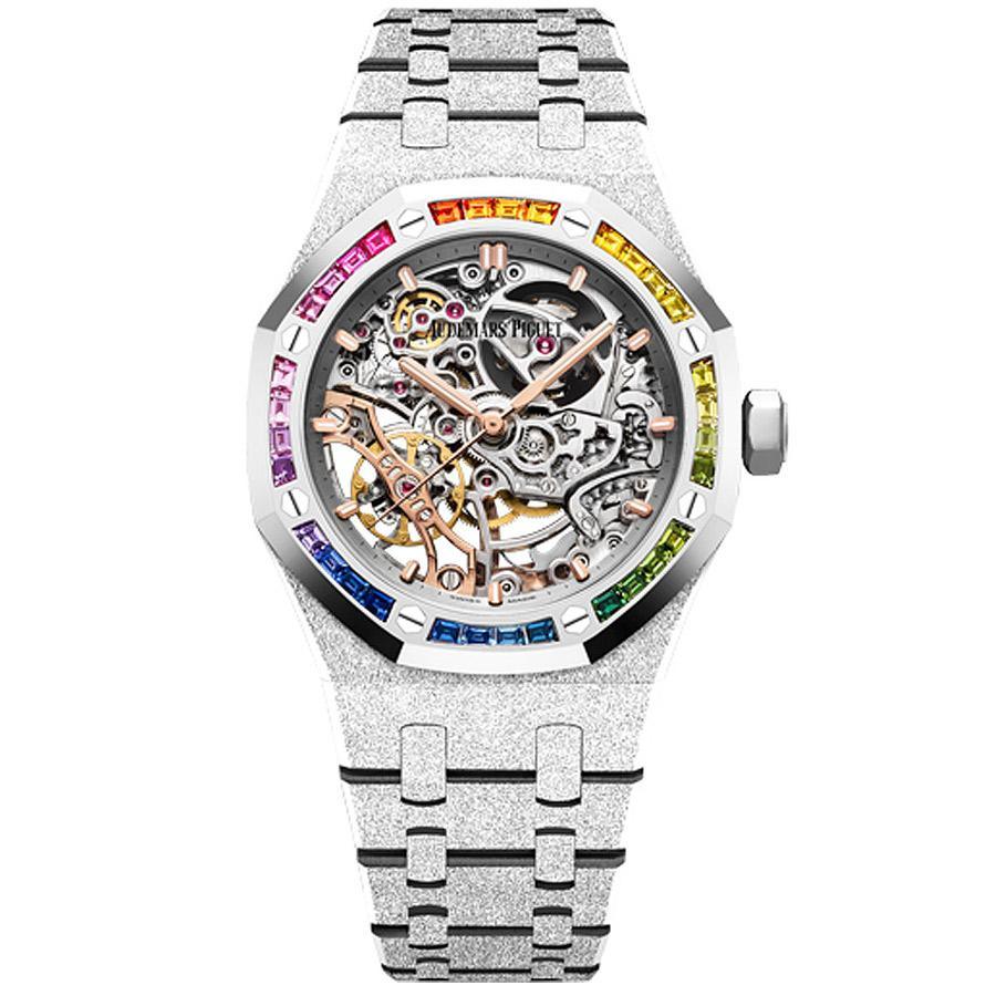 Audemars Piguet Royal Oak Frosted 37mm 15468BC Baguette Rainbow Sapphire Bezel Overworked Dial