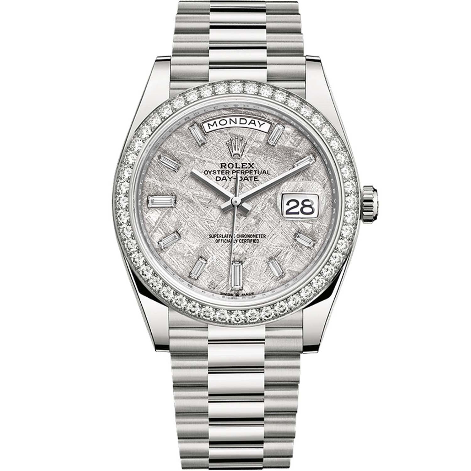 Rolex Day-Date 40 Presidential 228349RBR Diamond Bezel Baguette Diamond Meteorite Dial