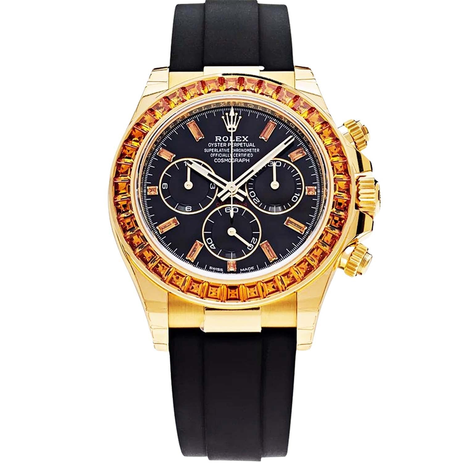 Rolex Daytona Yellow Gold Orange Sapphire Bezel Black Diamond Dial 116588SACO