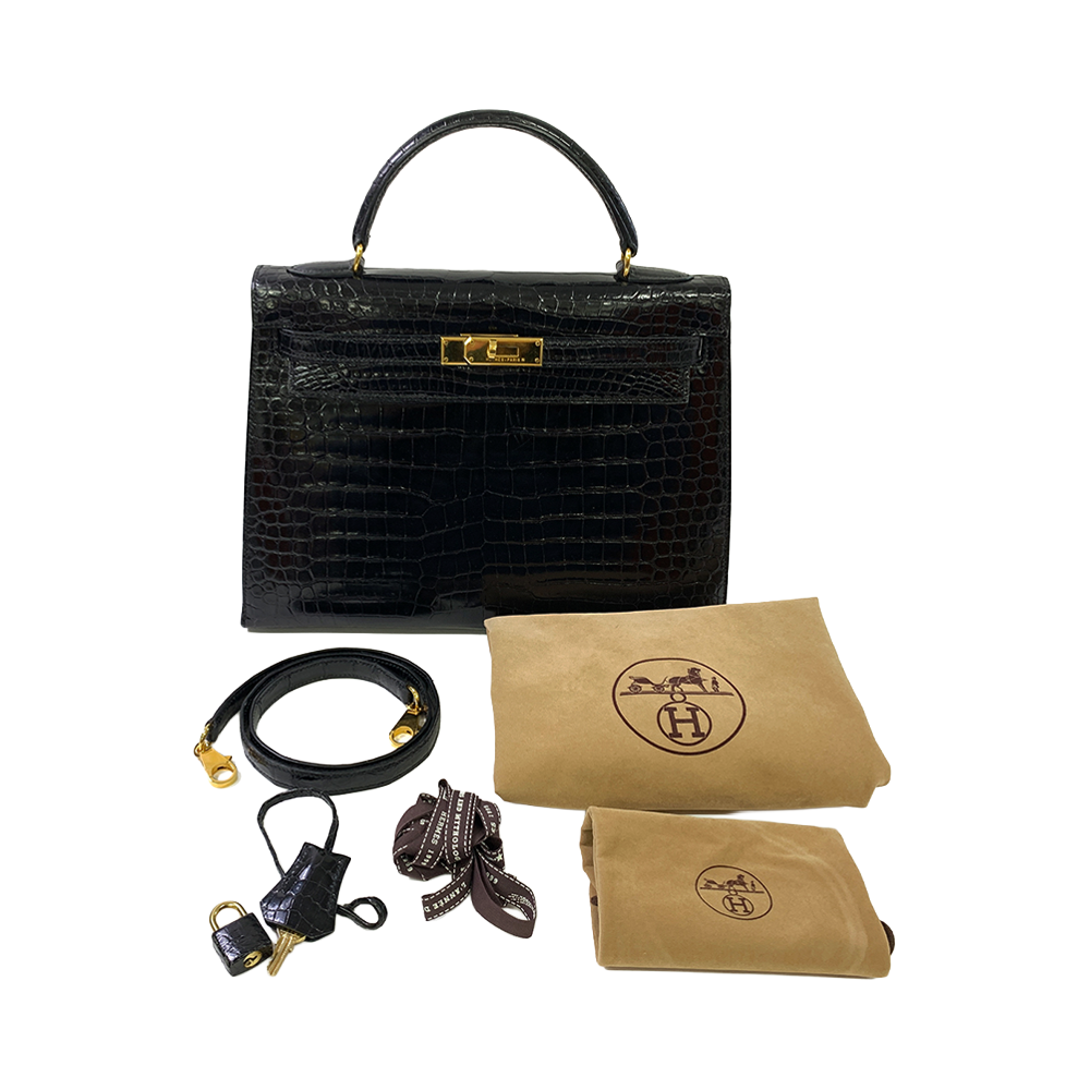 HERMES Kelly 32cm Black Porosas Leather Bag Gold Hardware Pre-Owned