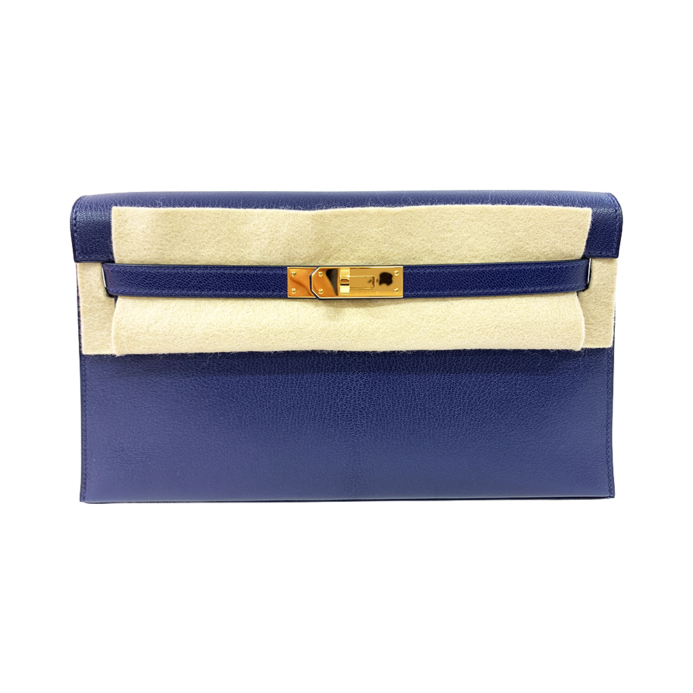 HERMES Kelly Cut 18cm Dark Blue Mysore Goatskin Leather Bag Gold Hardware Pre-Owned