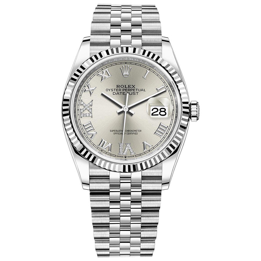 Rolex Datejust 36mm Fluted Bezel Jubilee Bracelet Silver Diamond 6 and 9 Hour Marker Dial