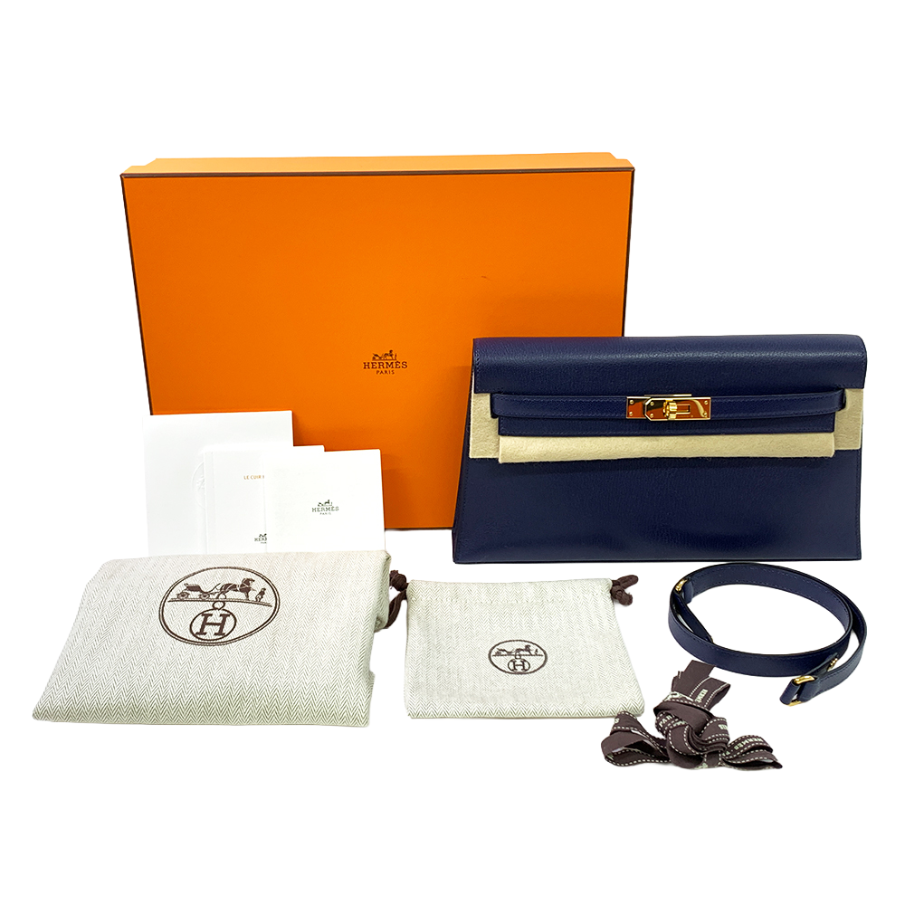 HERMES Kelly Cut 18cm Dark Blue Mysore Goatskin Leather Bag Gold Hardware Pre-Owned
