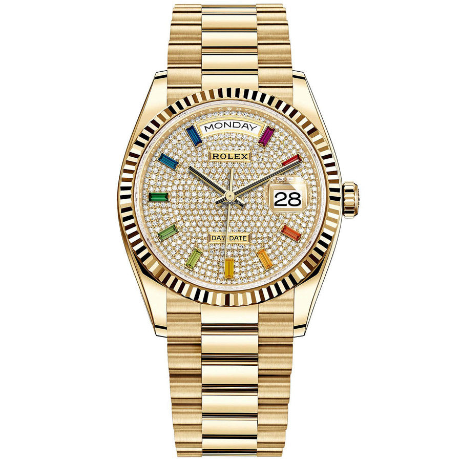 Rolex Day-Date 36mm Presidential 128238 Fluted Bezel Diamond Paved Dial