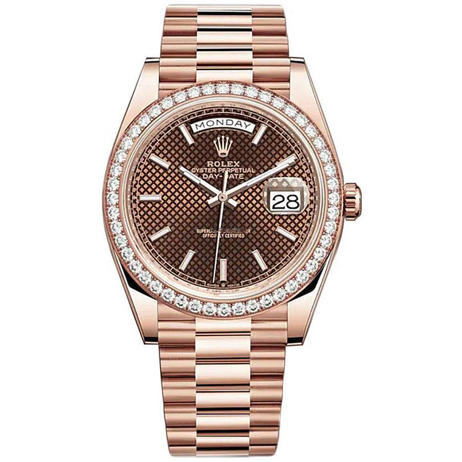 Rolex Day-Date 40 Presidential 228345 Diamond Bezel Chocolate Diagonal Motif Dial