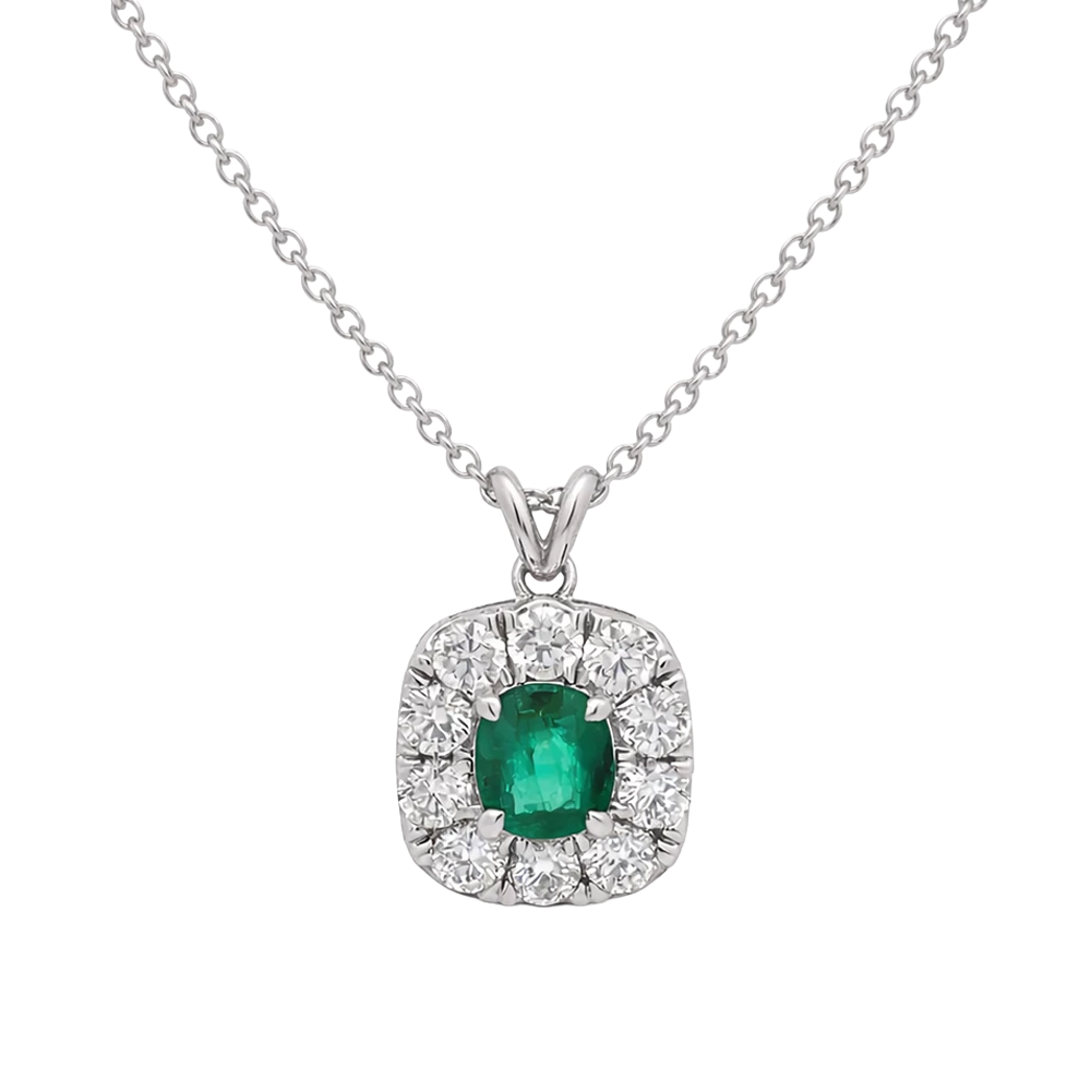 14K W 1.20 CT EMERALD CUSHION CUT 0.8CT NTRL DIA HALO NECKLACE