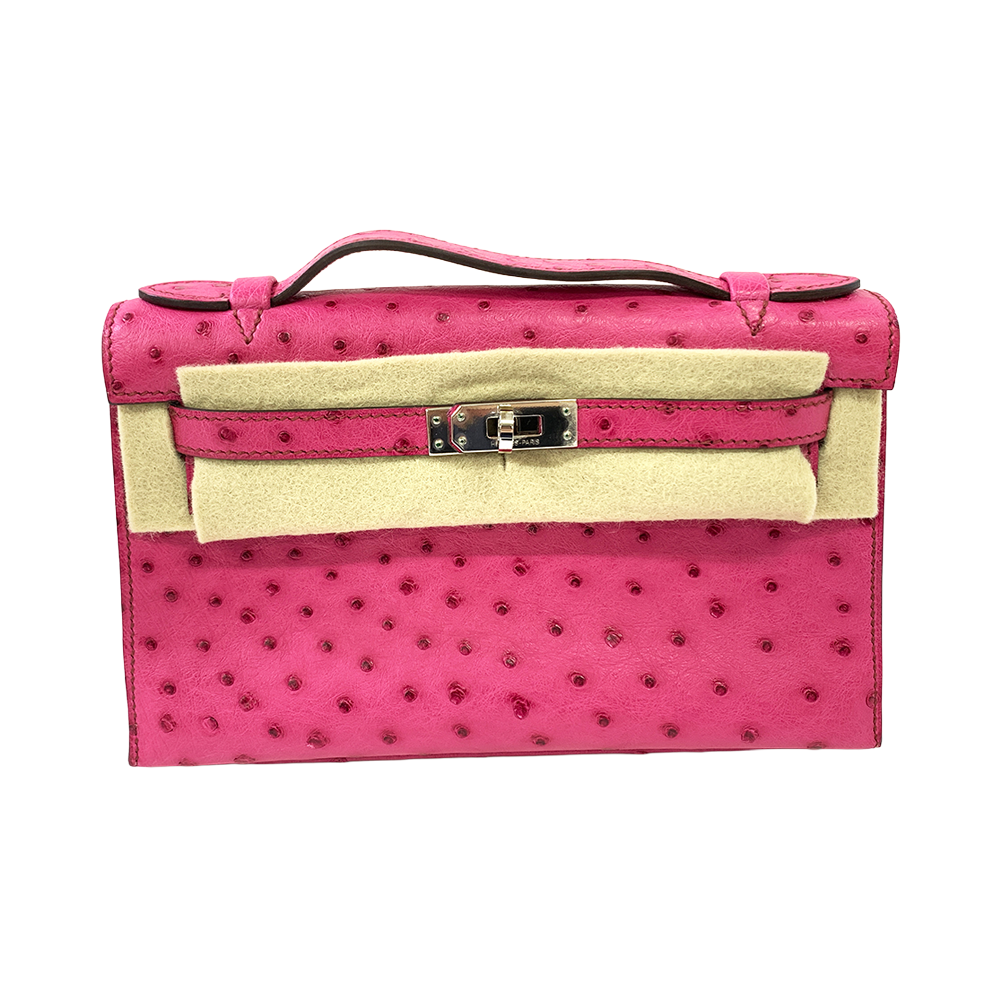 HERMES Pochette Kelly 22cm Pink Ostrich Leather Bag Palladium Hardware Pre-Owned