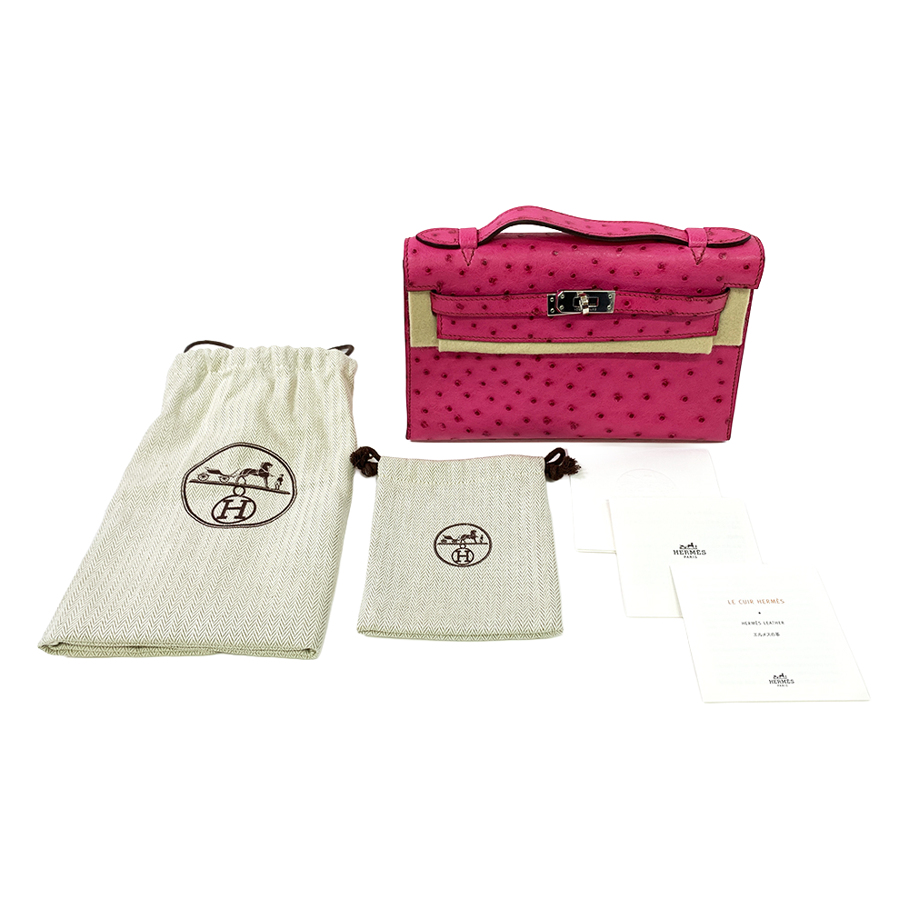 HERMES Pochette Kelly 22cm Pink Ostrich Leather Bag Palladium Hardware Pre-Owned