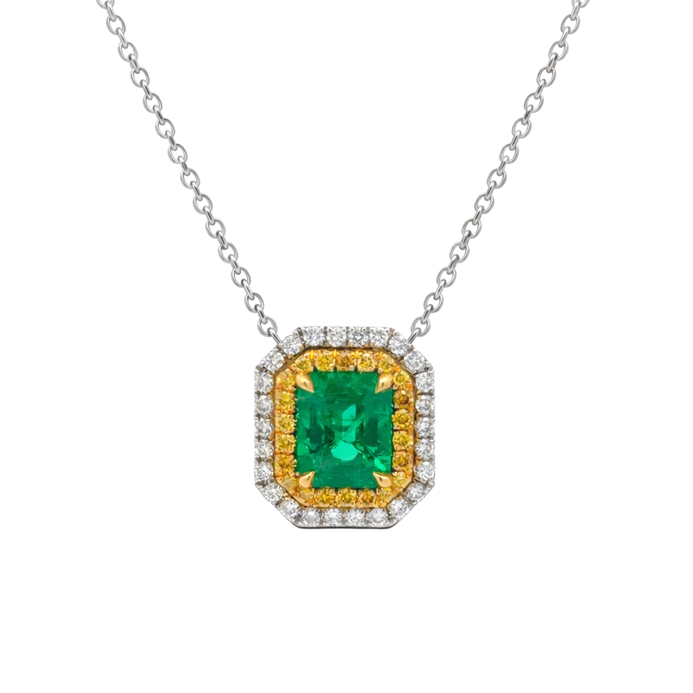 18K WG 1.40 CT NTRL EMERAL 0.50 CT NTRL DIA HALO NECKLACE