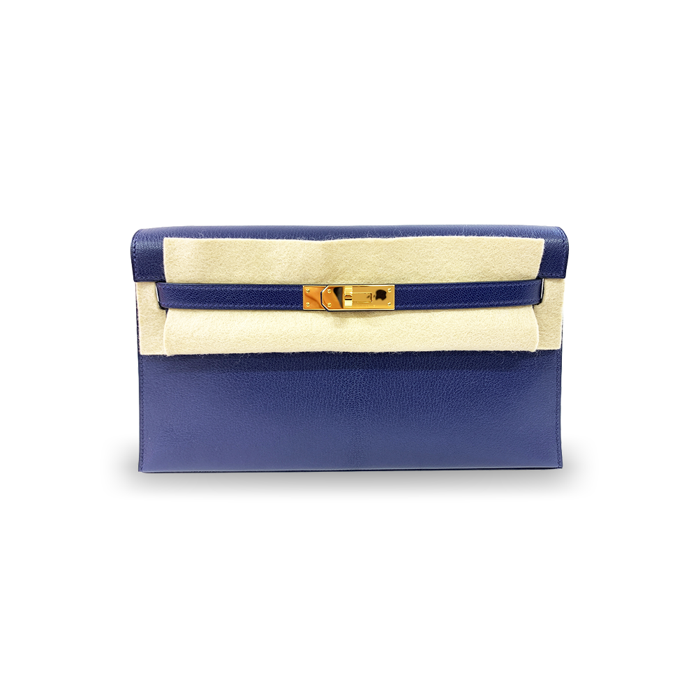 HERMÈS Kelly Cut 18 Dark Blue Mysore Goatskin Leather Bag Gold Hardware Pre-Owned