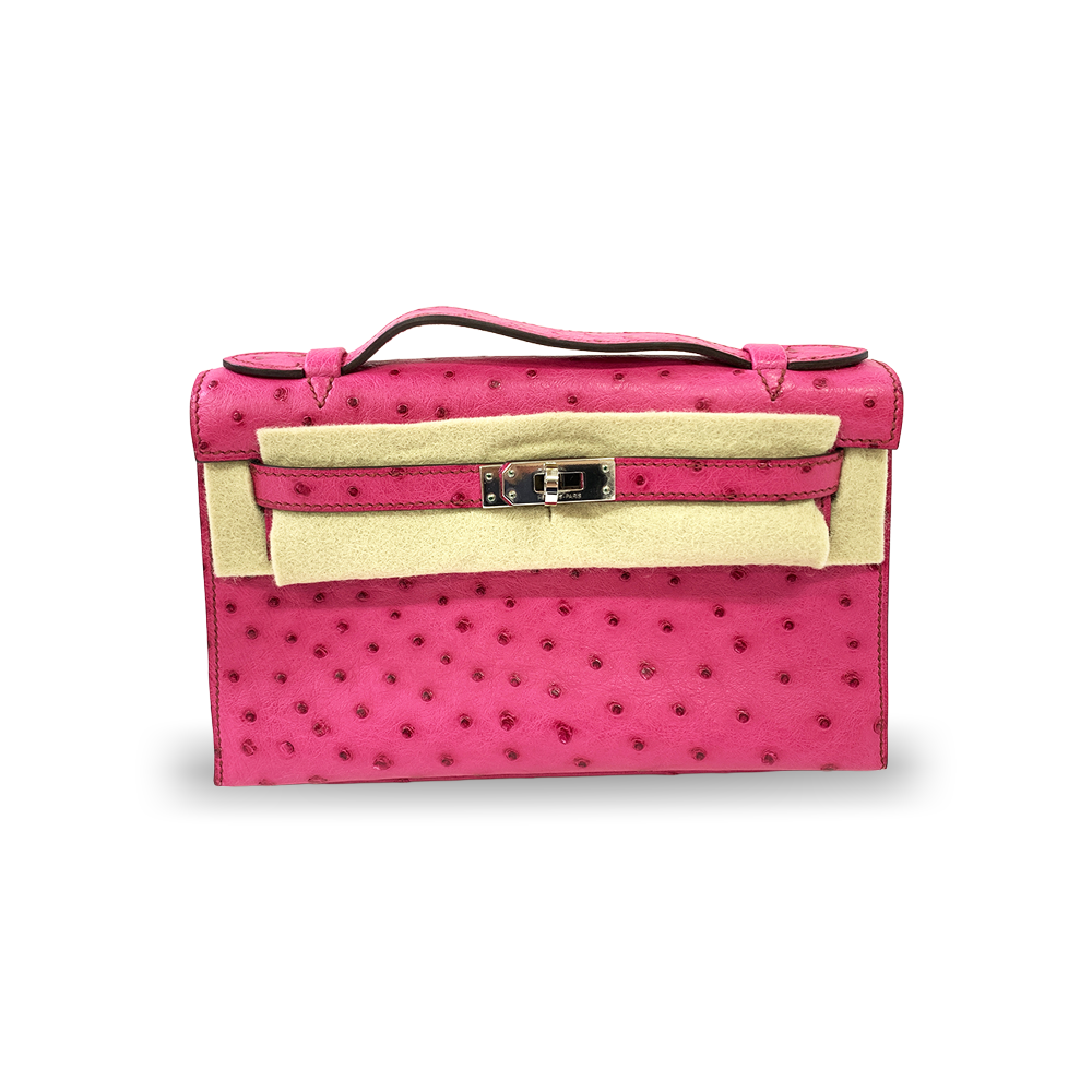 HERMÈS Pochette Kelly 22 Pink Ostrich Leather Bag Palladium Hardware Pre-Owned