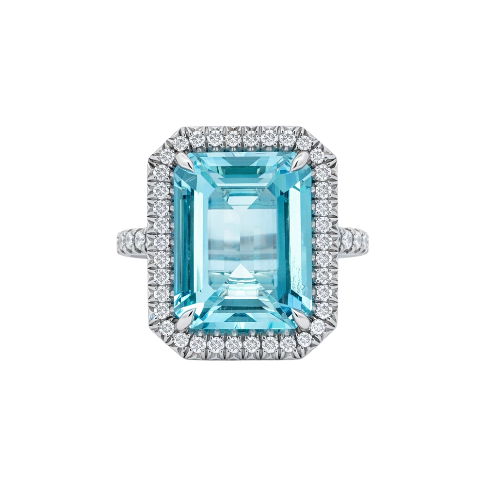 Pt 7.3ct EmC Aqua 70Dia 0.88cttw 11.9gr Ring