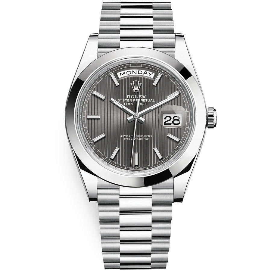 Rolex Day-Date 40 Platinum Presidential 228206 Smooth Bezel Dark Rhodium Stripe Motif Dial