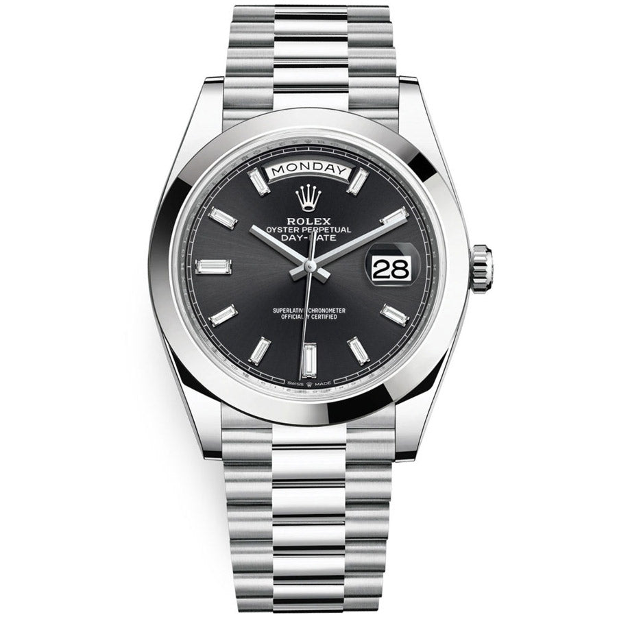 Rolex Day-Date 40 Platinum Presidential 228206 Smooth Bezel Baguette Diamond Black Dial