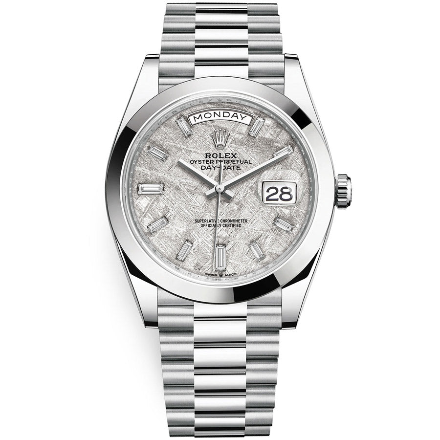 Rolex Day-Date 40 Platinum Presidential 228206 Smooth Bezel Baguette Diamond Meteorite Dial