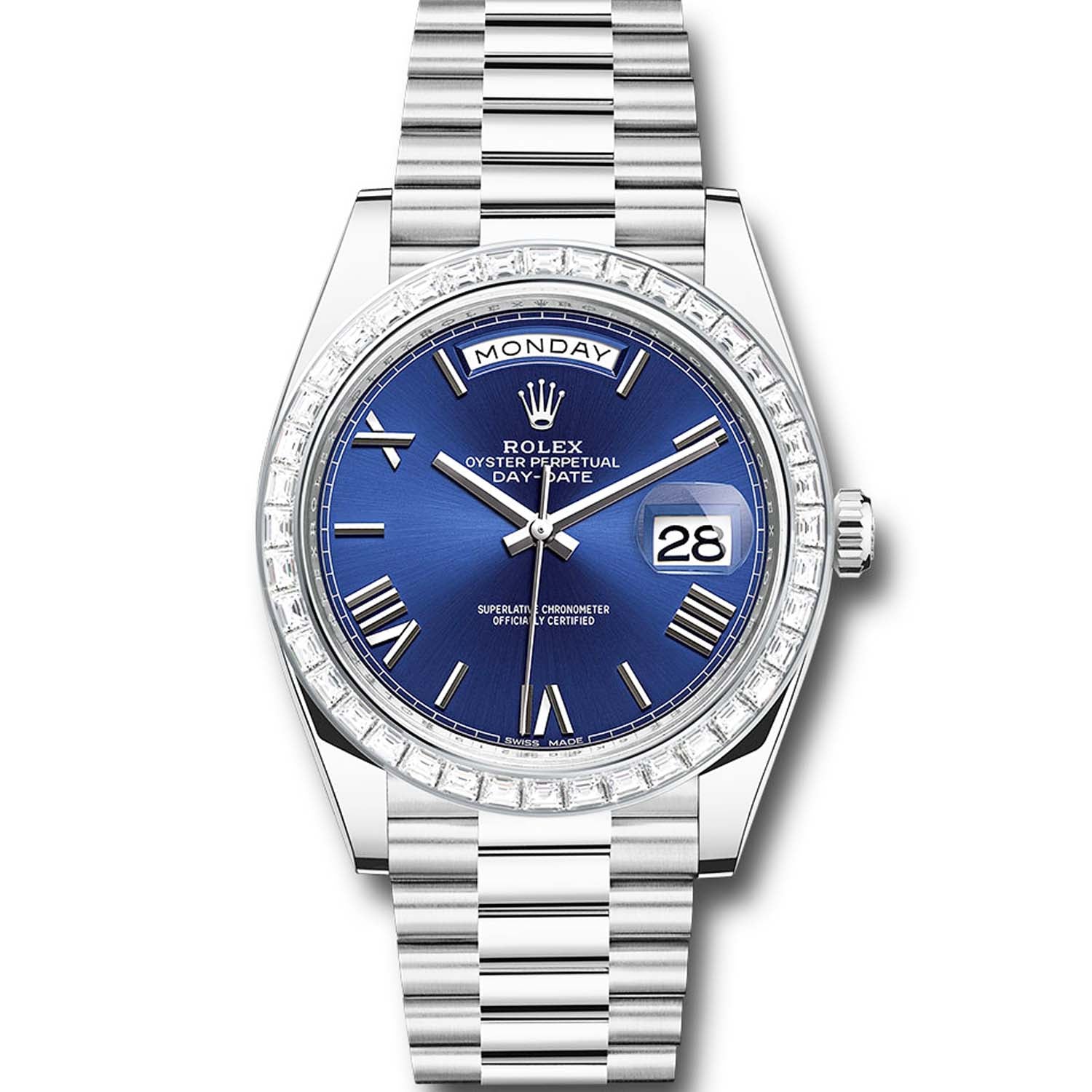 Rolex Day-Date 40 Platinum Diamond Bezel Blue Dial 228396TBR