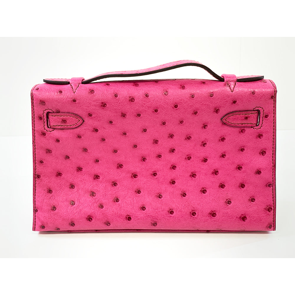 HERMES Pochette Kelly 22cm Pink Ostrich Leather Bag Palladium Hardware Pre-Owned
