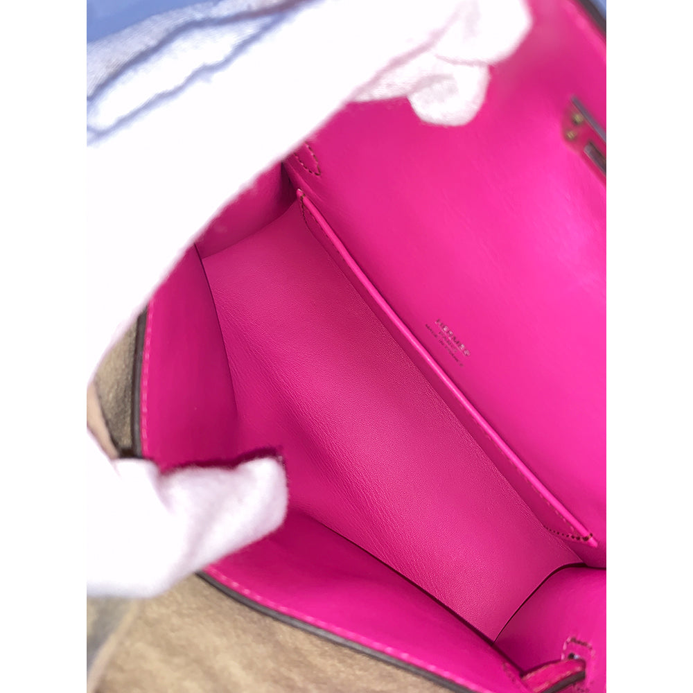 HERMES Pochette Kelly 22cm Pink Ostrich Leather Bag Palladium Hardware Pre-Owned