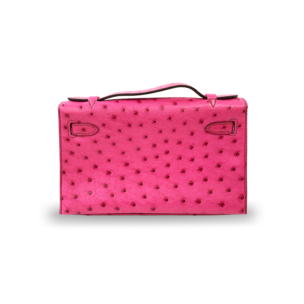 HERMÈS Pochette Kelly 22 Pink Ostrich Leather Bag Palladium Hardware Pre-Owned