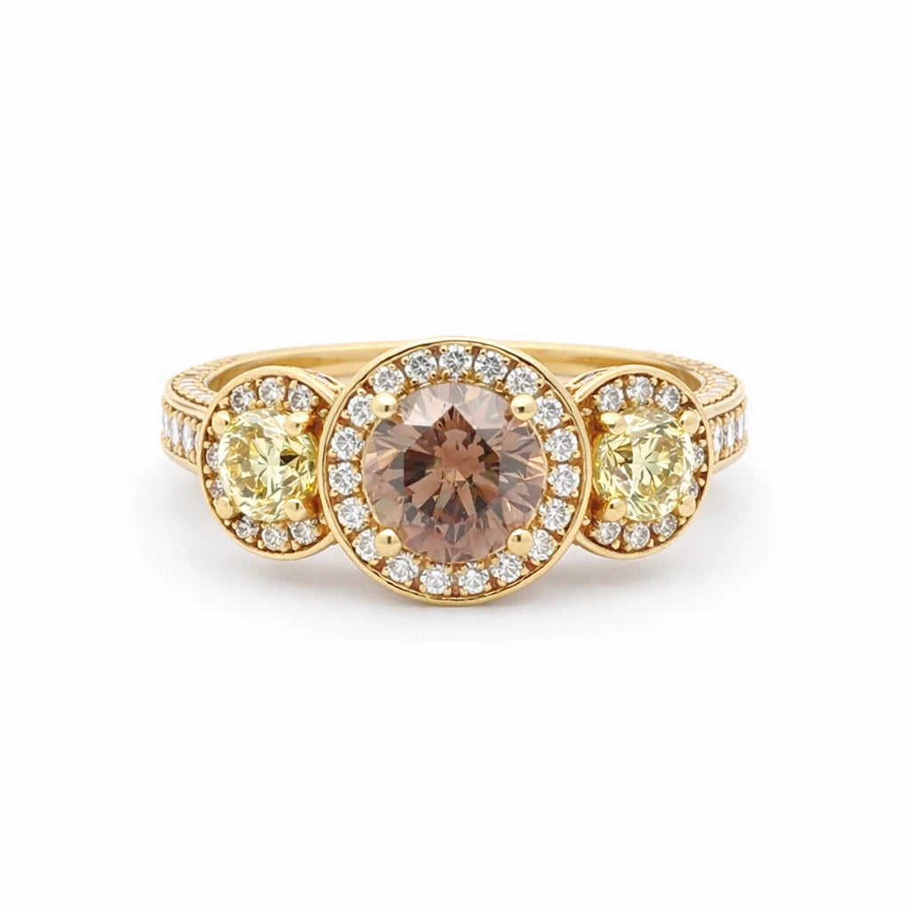 18KT Yellow Gold Ring 1.75CT Round Brilliant Cut Chocolate Diamond and 2 1.00CTTW Round Brilliant Cut White Diamond w/ Trpl Halo 44RD Light Yellow Fancy Dia 0.44CTTW and 150RD White Dia 1.50CTTW