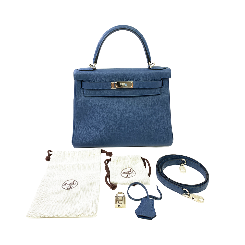 HERMES Kelly 28cm Navy Blue Togo Leather Bag Palladium Hardware Pre-Owned