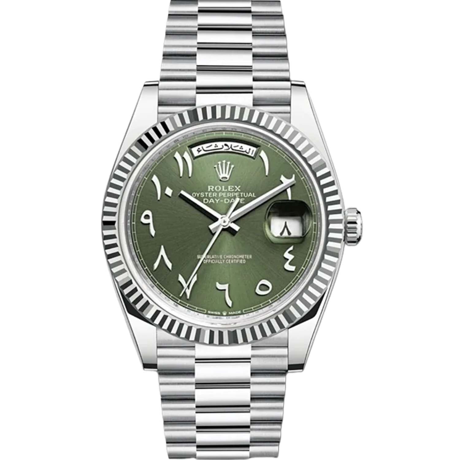 Rolex Day-Date 40mm Olive Green 228236 Arabic Numerals Fluted Platinum Bezel