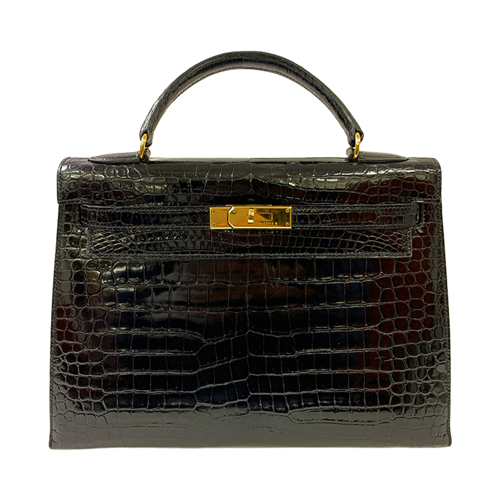 HERMES Kelly 32cm Black Porosas Leather Bag Gold Hardware Pre-Owned