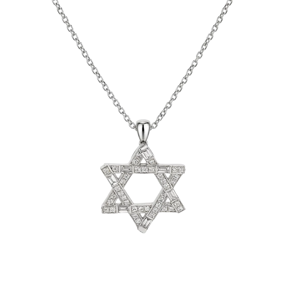 Baguette and Round Brilliant Diamond Star of David Necklace in White Gold