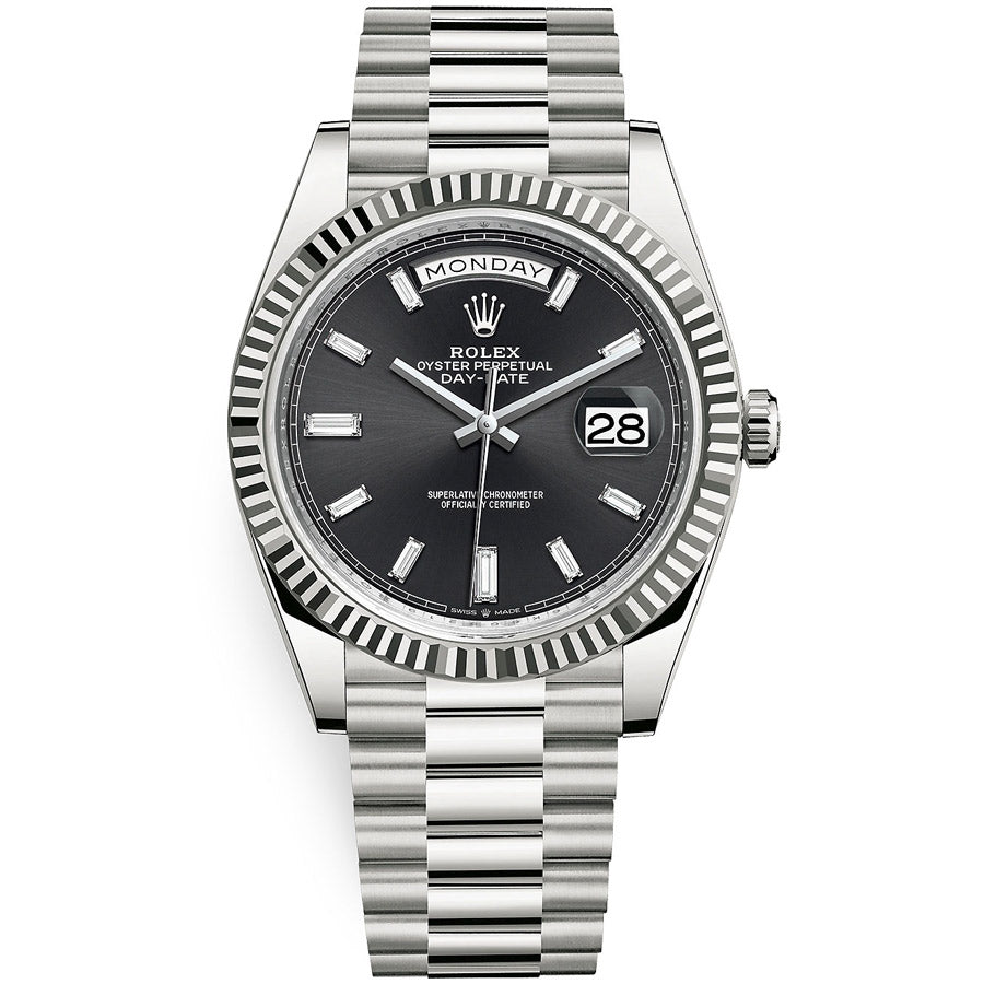 Rolex Day-Date 40 Presidential 228239 Fluted Bezel Baguette Diamond Black Dial