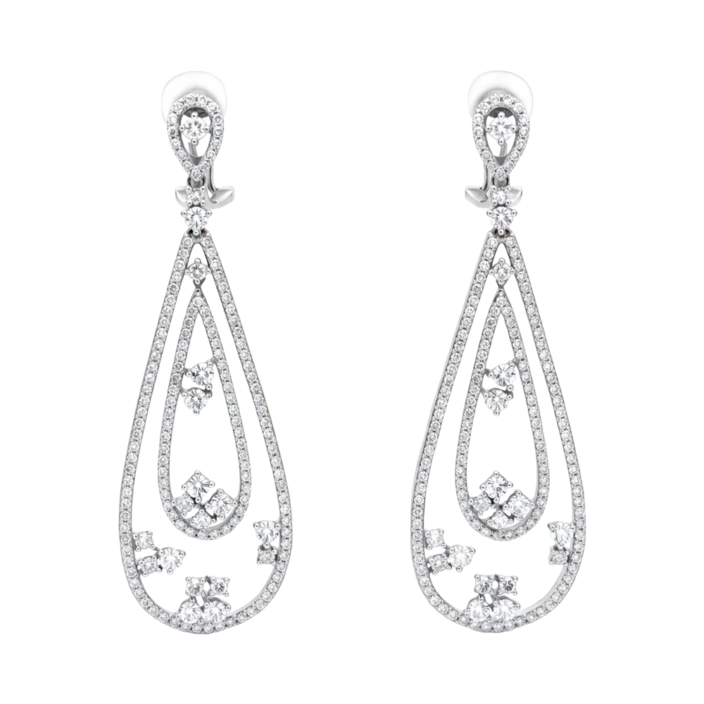 Diamond Double Pear-Shaped Pav Drop Earrings in White Gold