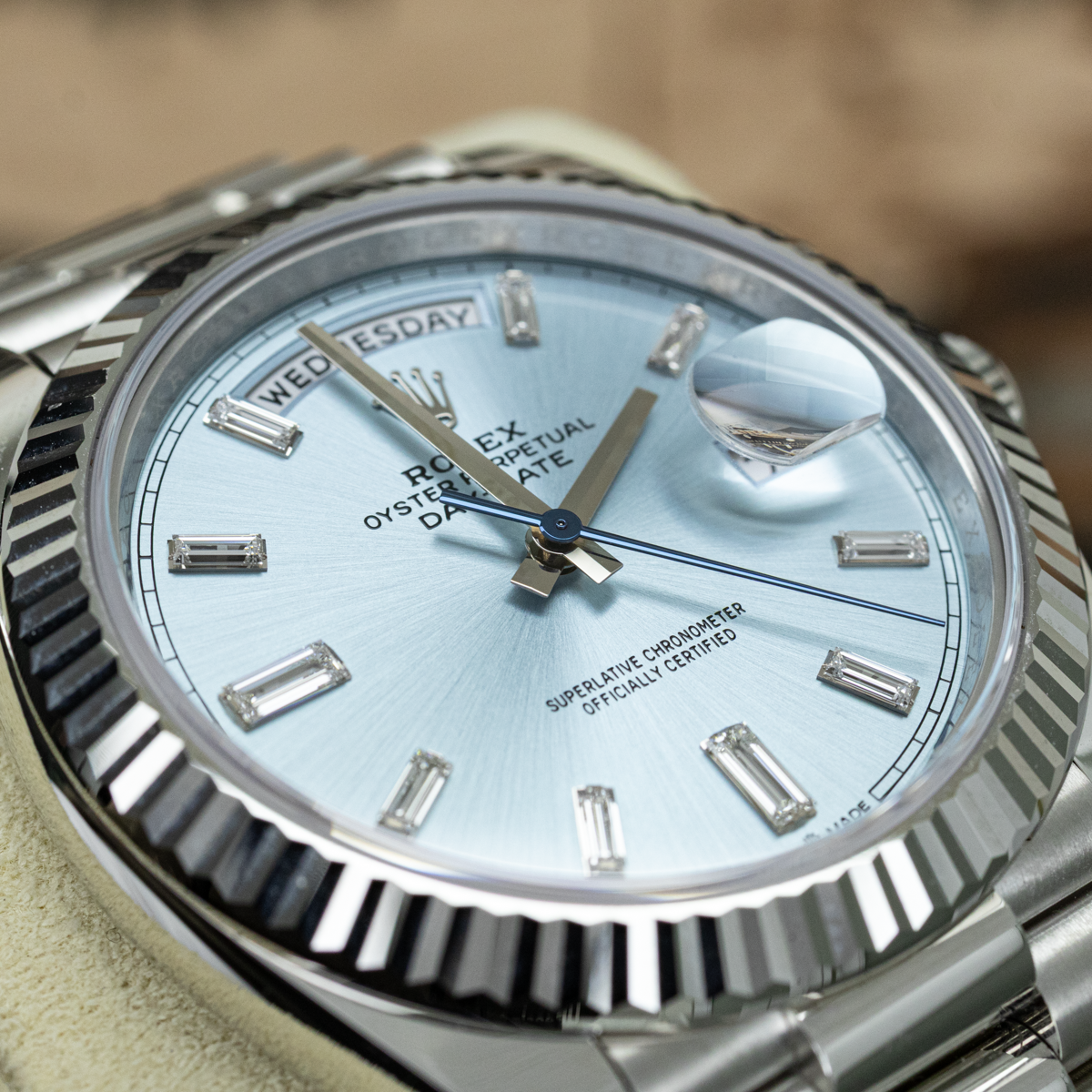 Rolex 2026 Day-Date 228236 40mm Baguette Diamond Ice Blue Dial