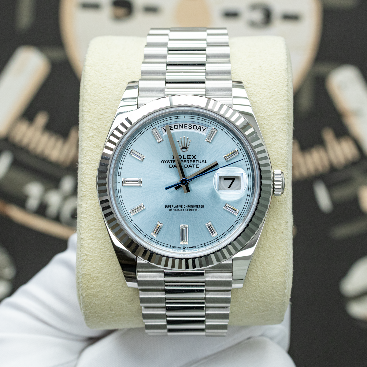 Rolex 2026 Day-Date 228236 40mm Baguette Diamond Ice Blue Dial