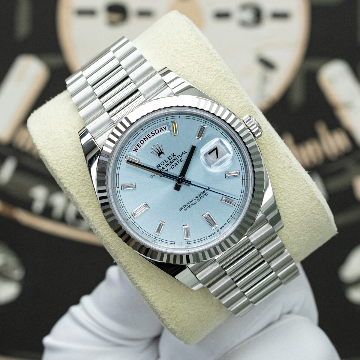 Rolex 2026 Day-Date 228236 40mm Baguette Diamond Ice Blue Dial